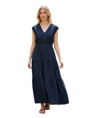 Fucsia Italy Linen Blend Tiered Maxi Dress Navy V-Neck Boho Summer Size M